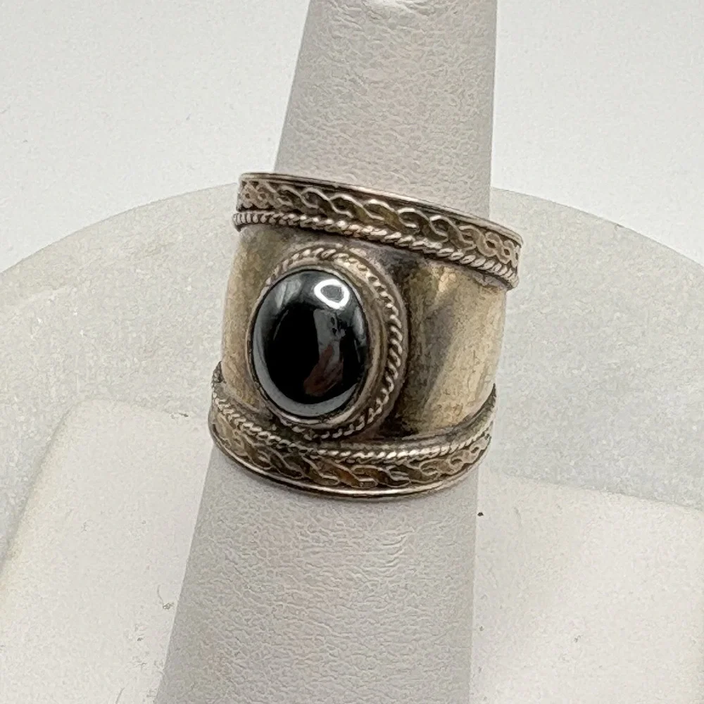 Vintage Sterling Silver Hematite Wide Band Ring Size 7 Bali Boho Braided Estate